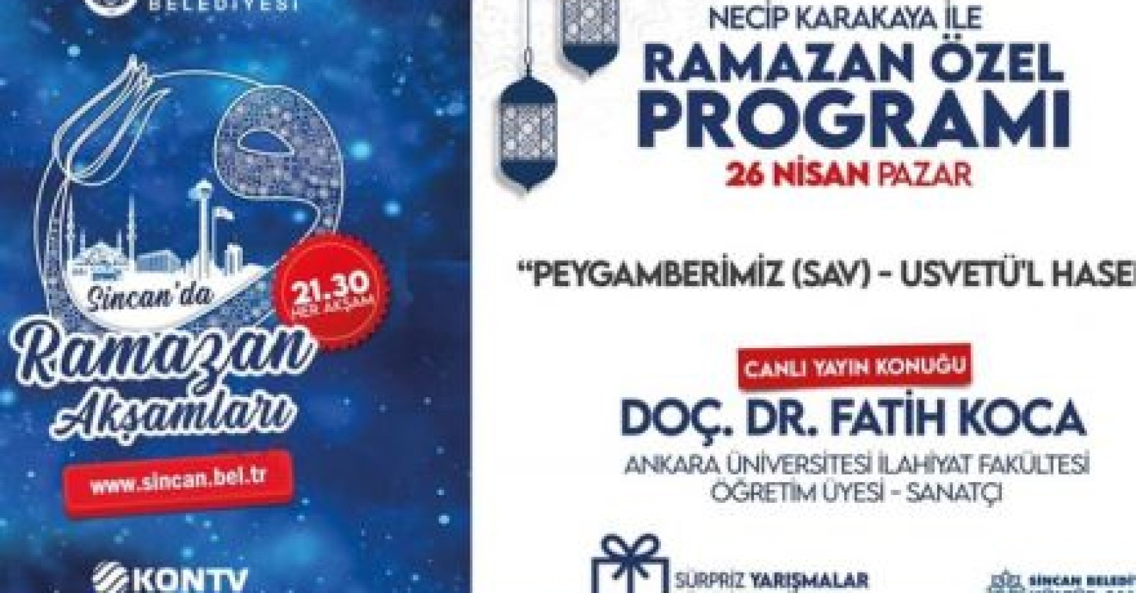 Ramazan ayı boyunca her gün 21.30’da başlayacak olan canlı yayınımızı KON TV ve sincan.bel.tr izleyebilirsiniz.