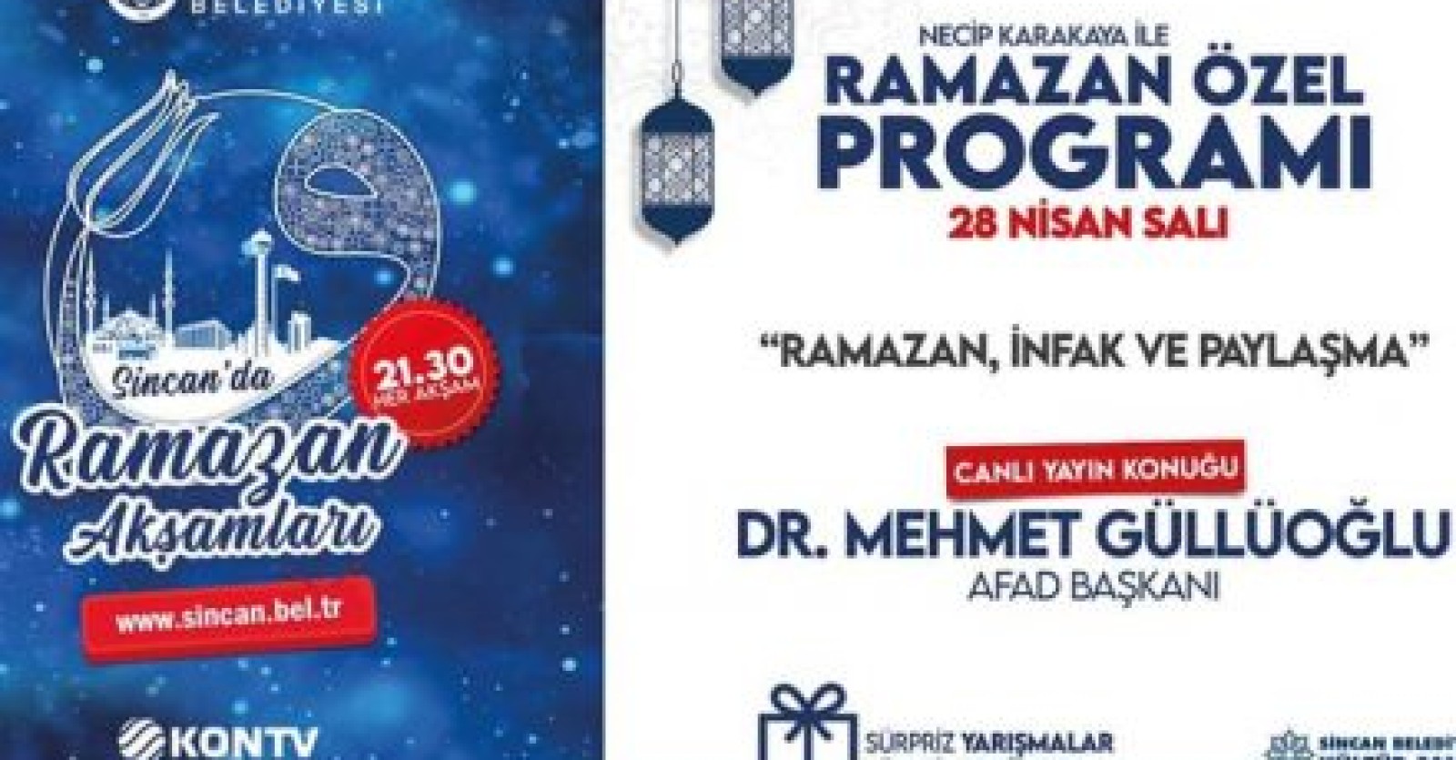 Sincan’da Ramazan Akşamları programımızın bugünkü konuğu, AFAD Başkanı Dr. Mehmet Güllüoğlu… “Ramazan, İnfak ve Paylaşmak” konularının yer alacağı canlı yayını 21.30′ da #KONTV ve sincan.bel.tr’den izleyebilirsiniz.