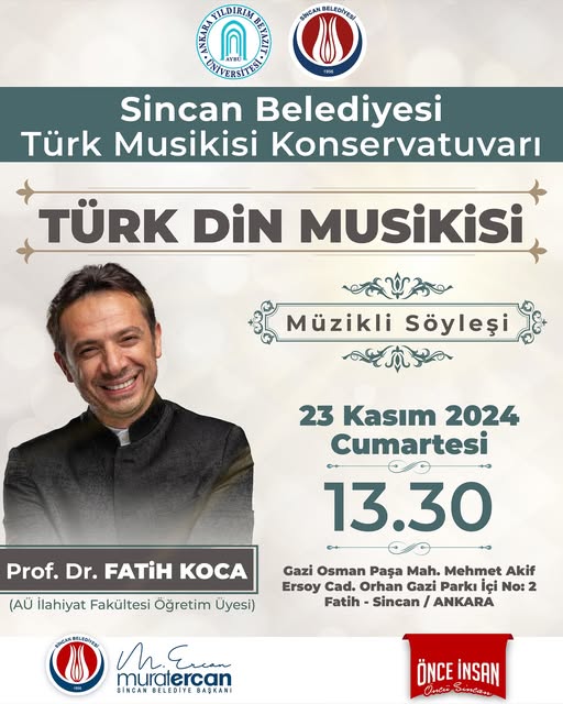 Prof. Dr. Fatih Koca’nın konuk olacağı, Türk Din Musikisi konulu Müzikli Söyleşi’ye tüm hemşehrilerimiz davetlidir.